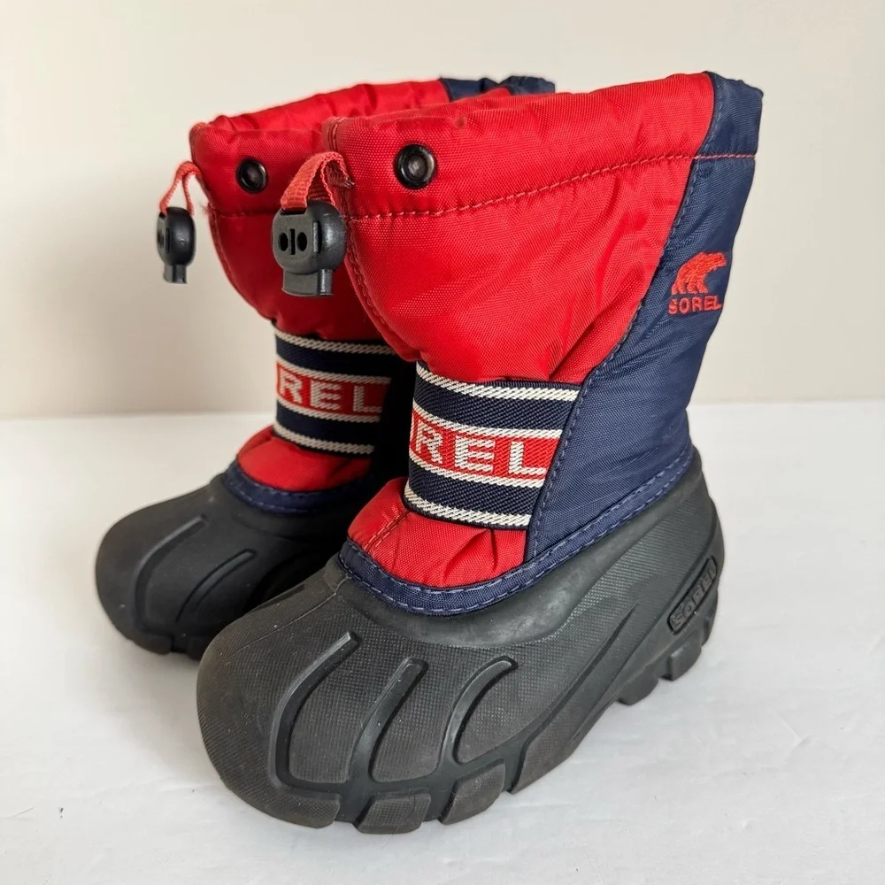 Sorel Cub Youth Red Navy Felt Lined Snow Boots Size 8